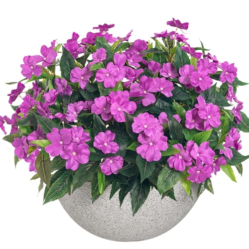Uqueeten15.7” Fake Flowers Artificial Flowers for Outdoor,Silk Artificial Impatiens Bouquet Flowers for Outdoors，Spring Flowers Flores Artificiales para Decoracion Indoor Decor 8PCS (Purple) - color: Purple-8