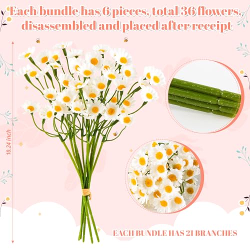 36Pcs Artificial White Daisy Flowers, 6 Bundles 10 Inch Small Fake Daisies for Home Summer Decor, Fake Spring Wild Flowers for Party Decoration