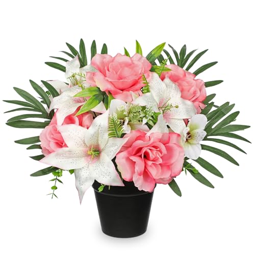 Hollyone Artificial Cemetery Flower for Graves, White Pink Faux Lily Rose Flowers in Pot Silk Cemetery Memorial Flowers for Outdoors Gravesites Headstones Home Decoration - color: Pink-rose Lily