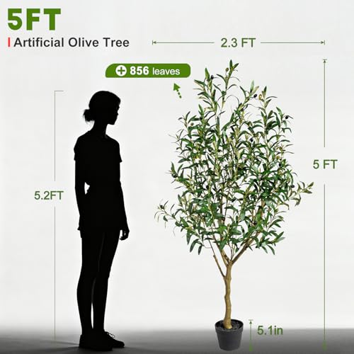Tall Artificial Olive Tree Faux Trees Indoor Outdoor Realistic Floor Plant Large Fake Plants for House Modern Home Living Room Master Bedroom Office Front Porch Decor Outside Patio para decoracion - size: 5ft