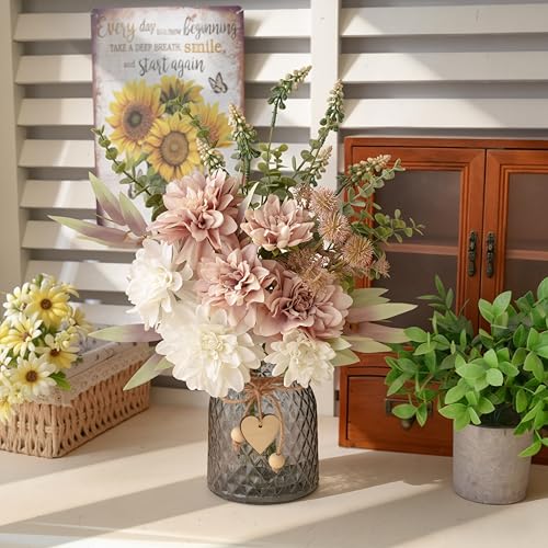 LUEUR Artificial Dahlia Flowers with Vase – Dusty Pink Faux Flower Arrangement, Elegant Floral Centerpiece Table Decorations for Coffee Table, Dining Room, Bedroom, Living Room & Farmhouse Home Decor - color: Dusty Pink