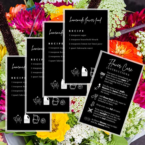 Fresh Flowers Care Instructions & Flower Food Recipe | 50 Pack | 2x3.5” in Business Card | Gardening Business Supplies | Florist Supplies | Black Card Design