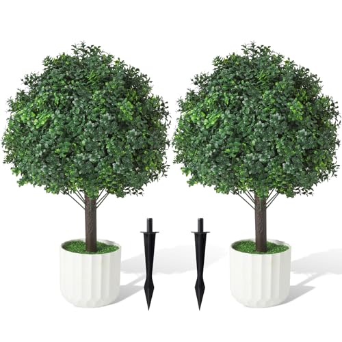 Boxwood Topiary Ball Trees Artificial Outdoor Set of 2, Dual-Base Weighted Planters/Spikes UV Resistant Fake Evergreen Bushes Plants for Front Porch Patio Garden and Door Decor - color: Boxwood Green, size: 24x16''