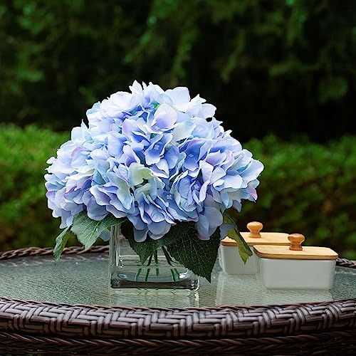 ENOVA FLORAL Silk Hydrangea Artificial Flowers in Vase with Faux Water, Silk Flower Arrangements in Vase for Home Decor, Wedding Table (Blue) - color: Blue