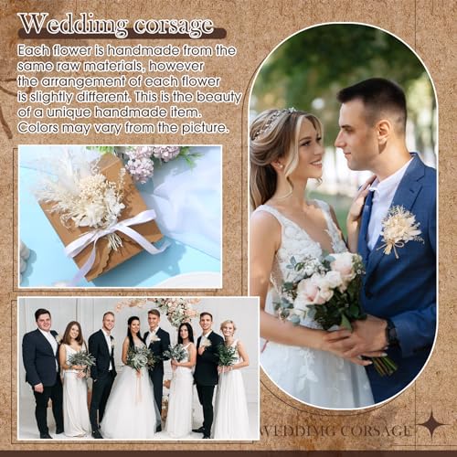 Yinkin 12 Pcs Mini Dried Flower Bouquet for Boho Floral Wedding 6'' Small Dry Pampas Grass Handmade Tiny Dried Flower for Crafts DIY Boutonniere Table Centerpieces Bridesmaid Gift Box(White,Classic) - color: White, style: Classic