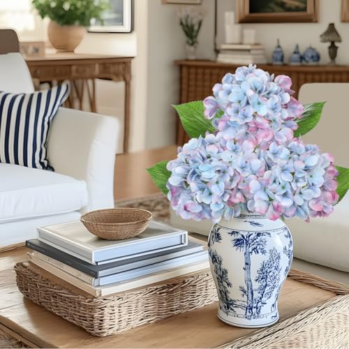 3Pcs Baby Blue Hydrangea Artificial Flowers 19.7 in Real Touch Faux Hydrangea Stems Silk Flowers with Stems Fake Blue Flowers Bouquet for Floral Arrangements Table Centerpieces Wedding Home Decor - color: Blue Mixed Pink