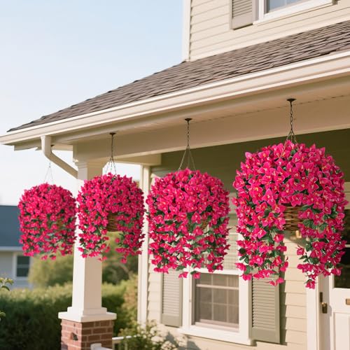 Artificial Bougainvillea Flowers Plants for Outdoors Decoration, 2 Pcs Faux Silk Flowers Long Trailing Fake Vines for Front Door Porch Planter Balcony Patio Summer Spring Home Decor, Hotpink - color: Hotpink