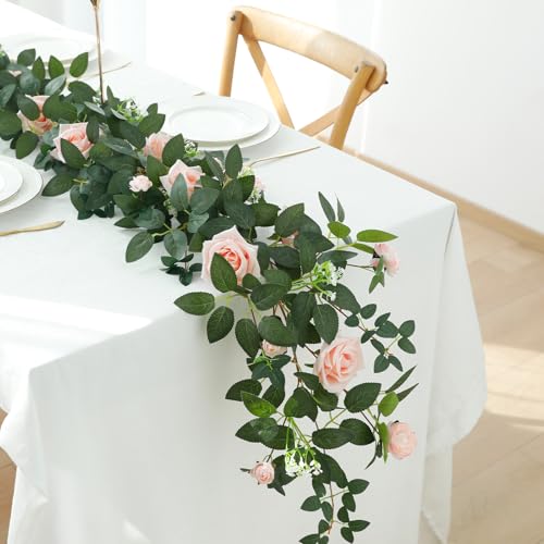 2 Pack 11.2 Ft Artificial Flower Garland with Pink Roses, Realistic Fake Greenery Vines with 17 Roses Flowers for Wedding Table Centerpieces Arch Party Ceremony Backdrop Decor(Pink) - color: Pink