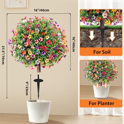 27.5" Artificial Flowers Boxwood Topiary Ball Tree Set of 2, UV Resistant Fake Bushes Shrubs with Ground Spike, Faux Evergreen Tree for Front Porch Outdoor Garden Decor - color: Colorful-flowers
