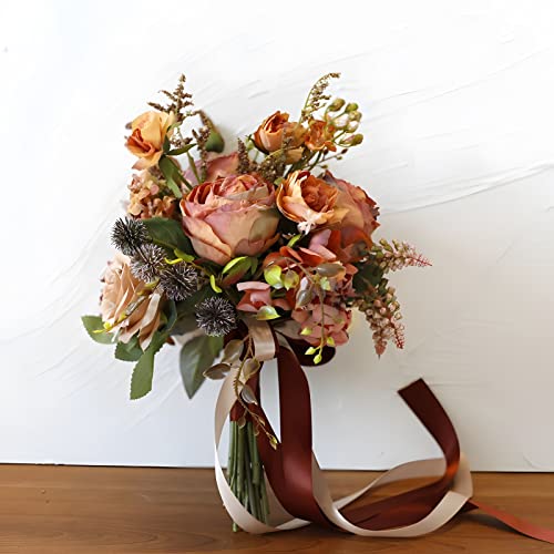 Artificial Wedding Bouquet for Brides Bridesmaid Holding Flower with Greenery Artificial Fabric Rose Wedding Flower Bridal Toss (Vintage Orange) - color: Vintage Orange