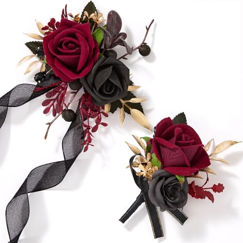 Alecono Burgundy Corsage and Boutonniere Set, Red and Black Rose Corsage Wristlet and Boutonniere for Wedding Prom Flower Accessories Suit Decorations - color: Burgundy, size: Corsage and Boutonniere Set