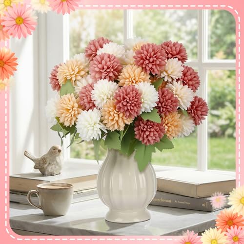 XunYee 12 Pcs Artificial Flowers for Outdoor Indoor Spring Faux Kiku Mum Fake Flowers Plants for Outside Garden Porch Window Patio Spring Chrysanthemums Bouquet for Vase Table Wedding Home Decor - color: Plain