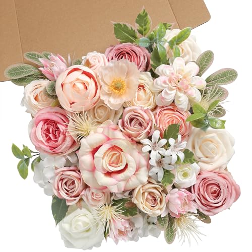 rongflower Pink Artificial Flowers Combo Set Fake Flower Leaf Box with Stemst for DIY Wedding Bridal Bouquet, Centerpieces, Home Decor, Floral Arrangement Decor - color: Pink