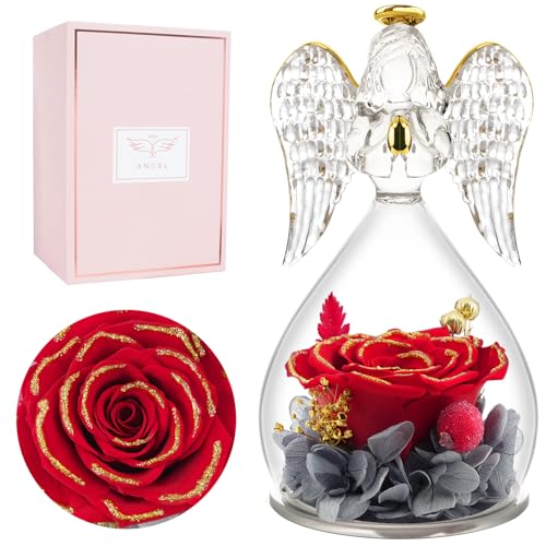 Miofula Gifts for Mom Birthday Gifts for Women, Preserved Flowers Rose in Glass Angel Figurines, Fresh Flowers for Delivery Anniversary Forever Real Roses Gifts for Mothers Grandma Her Wife Girlfriend - color: Red Dipped Gold