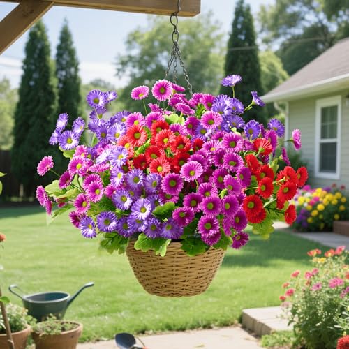 Waipfaru Artificial Flowers for Outdoors Faux Plants, UV Resistant Artificial Outdoor Flowers, Silk Daisy Realistic Fake Mums Flower for Front Porch Spring Home Planter Patio Decor, 12 Bundles, Mix - color: Red, Purple, Fuchsia, size: 12 PCS