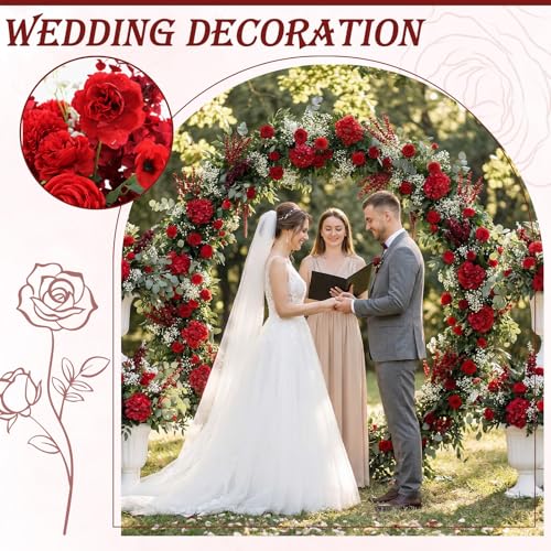Suncalla 36 Pcs Red Artificial Flowers Bouquet Set 8 Kind Faux Delphinium Rose Peony Chrysanthemum Hydrangea Baby's Breath Florals with Greenery Long Stem for Wedding Table Vase Decor - color: Red