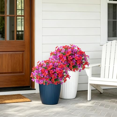 Artificial Faux Plants Flowers Outdoor Spring Summer Decoration, 12 Bundles Fake Silk Colorful Daisy Eucalyptus Realistic UV Resistant for Outside Home Planter Porch Patio Yard Decor (Red Purple) - color: Red & Purple B