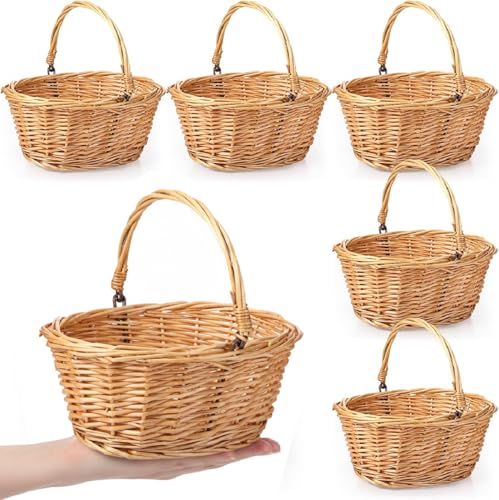 Barydat Small Wicker Basket with Handle Flower Girl Baskets Oval Willow Woven Braided Gift Basket for Weddings Picnic Baby Shower Home Garden Decor(6 Pcs,Khaki,9" x 7" x 4") - color: Khaki, size: 9" x 7" x 4"