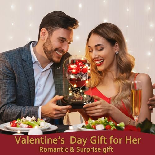 Dream of Flowers Eternal Beauty and the Beast Rose Bouquet - Mothers Day Rose Gifts for Mom, Grandma | Glass Dome Rose with 2 Light Modes, Sentimental Floral Gift, Birthday Gifts for Women - color: Classic Red Rose