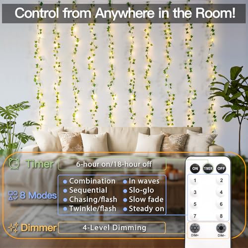 suddus 300 LED Vines with Lights Plug in, 9.8ft x 9.8ft Fairy Lights with Vines, Ivy Curtain Lights for Wall, Bedroom, Dorm, Wedding, Party, Indoor, Outdoor Decor(Warm White) - color: Ivy, size: Plug In-300Led