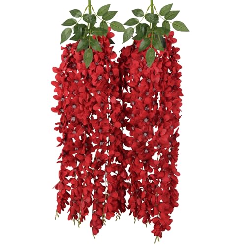 2PCS Red Wisteria Hanging Flowers, 2.95ft Wisteria Garland with 5 Branches Realistic Silk Dark Red Hanging Flowers for Decoration, Wedding Arch, Party Backdrop, and Home Wall Decor - color: Red