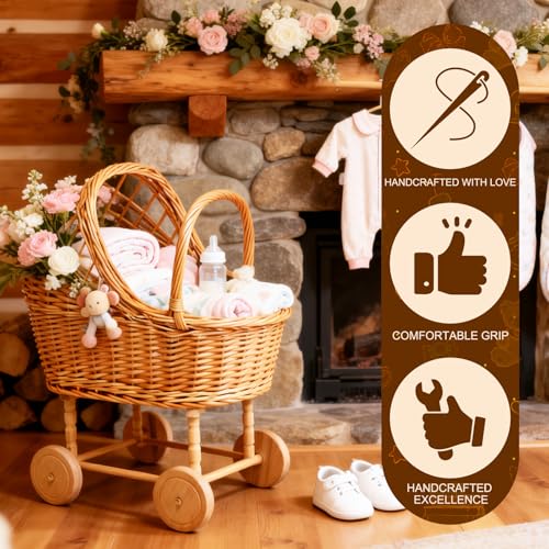 Vintage Wicker Baby Carriage Decor，Woven Rattan Stroller Flower Basket Cart for Wedding Centerpieces, Baby Shower Party Supplies & Nursery Floral Arrangement Props Floral Rustic Home Decor - color: Large-1
