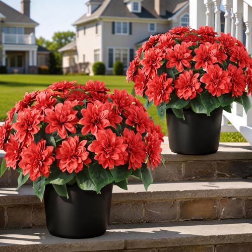 2 Set of Artificial Dahlia Topiary Ball Trees - Fake Silk Dahlia Flower Bushes, UV Resistant Faux Floral Shrub Potted for Front Door Porch Farmhouse Wedding Outdoor Decor (Red) - color: Red