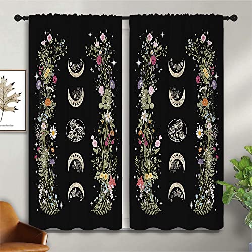 Boho Floral Wildflower Rod Pocket Blackout Curtains for Boy Girl Bedroom,Retro Moon Phase Moonlit Garden Witchy Gothic Aesthetic Thermal Insulated Home Window Drapes for Living Room Darkening,42x45in - color: Boho Floral Wildflower-004, size: 42"W x 45"L
