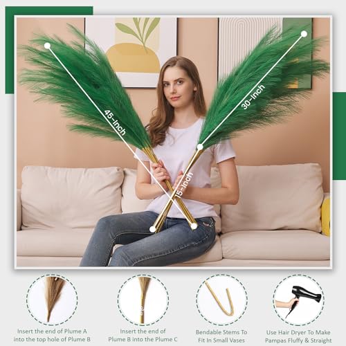 7 Pcs 45" Faux Pampas Grass – Fluffy Artificial Pompous Grass for Tall Floor Vase, Non-Shedding Home Decor, Boho Wedding Flowers, Baby Shower Centerpieces, Bedroom & Living Room Decor (Green) - color: Green