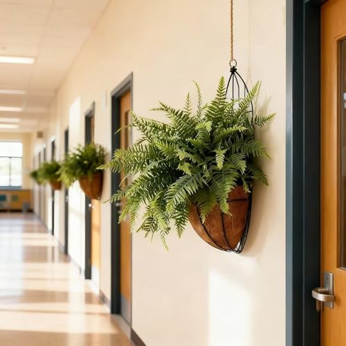 Faux Boston Fern with Hanging Basket – 18in Fake Hanging Fern, Lifelike Artificial Plants for Outdoors, Wall-Mount Décor for Porch, Patio, Balcony, or Garden (2, Green)