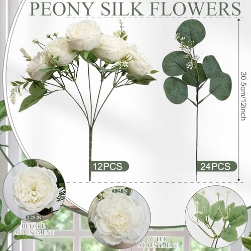 Peonies Artificial Flowers Bulk, 12 Bundles Fake Silk Peonies Faux Eucalyptus Bouquet Ivory Realistic Peony Floral Arrangement for Wedding Table Centerpiece Vase Decor (White) - color: White