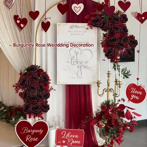Felice Arts 12 Pack Burgundy Roses Artificial Flowers with Black Stems Fake Flowers Bouquet for Valentines Wedding Table Vase Home Indoor Kitchen Party DIY Vampire Decor - color: Burgundy
