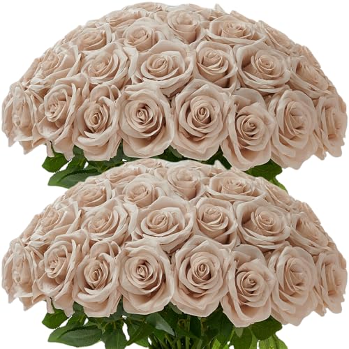 50Pcs Nude Roses Artificial Flowers Artificial Silk Roses Bulk,Fake Roses Flower with Stems Realistic Flowers for Wedding Centerpiece Home Party Decor - color: 50pcs Nude