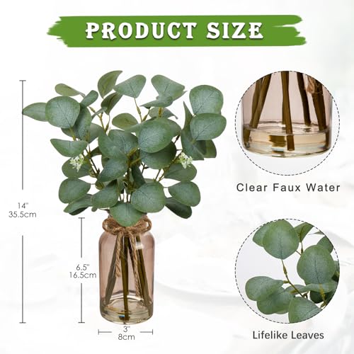 Briful Artificial Eucalyptus Stems in Teal Glass Vase with Faux Water, 14" Fake Plant Eucalyptus Leaves for Home Farmhouse Wedding Centerpiece Bathroom Décor - color: Teal