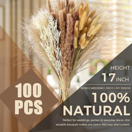 100 Pcs Pampas Grass Boho Decor, 17" Dried Flowers Bouquet for Vase, Crafts, Bohemian Wall Art, Western Home, Living Room, Bedroom, Fall Wedding Table & Rustic Farmhouse