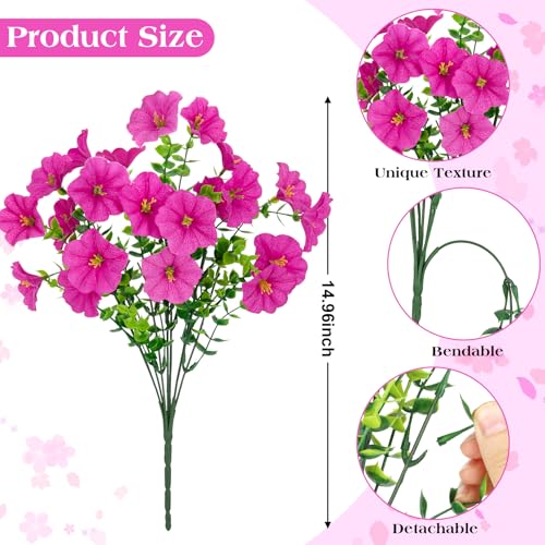 Roberly 12 Bundles Artificial Flowers for Outdoors, Fake Flowers Silk Morning Glory with Eucalyptus UV Resistant Faux Plants for Spring Summer Garden Outside Porch Patio Yard Home Decor, Rose Red - color: Rose Red