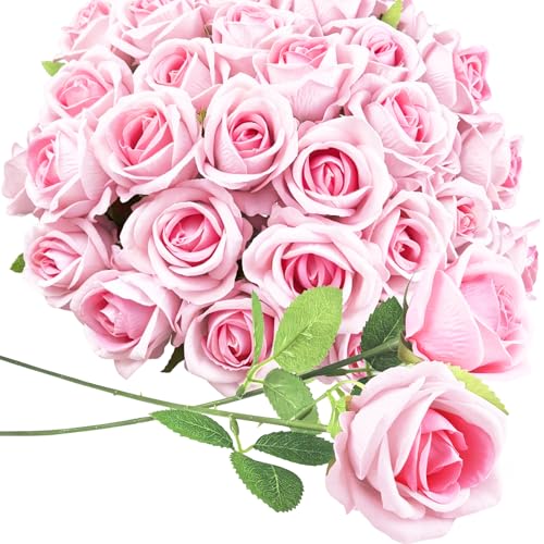 Rose Artificial Flowers Velvet Bouquet with Long Stem Real Touch Fake Roses Florals for Bridal Wedding Bouquet Party Arrangement Centerpiece Decorations (36, Light Pink) - color: Light Pink