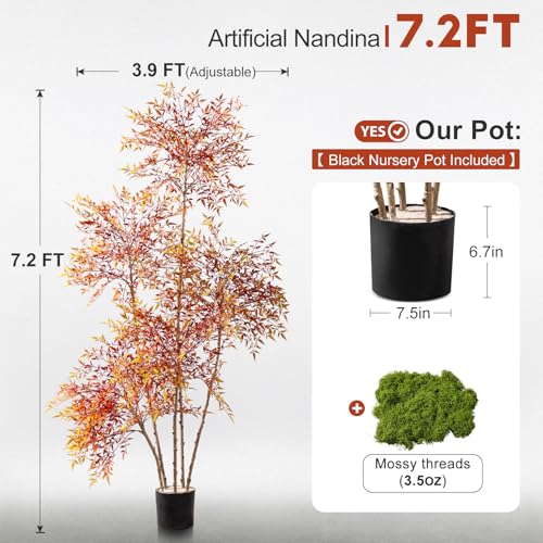 Big Faux Bamboo Plant Large Fake Nandina Trees Plastic plantas Indoor Outdoor Realistic Floor Plants Artificial Tree for Home Living Room Corner Office Patio Porch Bonsai Decor Housewarming Gift - color: Red, size: 7ft 2in