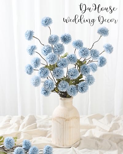 DuHouse 6pcs Artificial Flowers Faux Silk Pompon Mum,Silk Small Mini Chrysanthemum Ball with Stems for DIY Wedding Bouquets Centerpieces Vase Home Table Kitchen Decorations(Sky Blue) - color: Sky Blue, size: 6pcs
