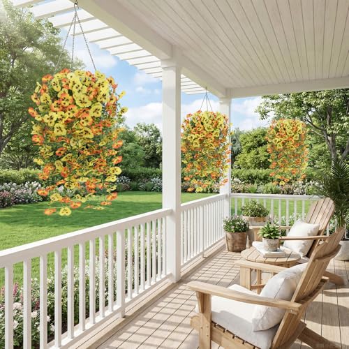 Artificial Hanging Flowers for Outdoors, 4 PCS 29.5in UV Resistant Faux Outdoor Hanging Plants Pansy Flowers Fake Cascading Floral Vines for Porch Patio Balcony Pergola, Yellow & Orange - color: Yellow&orange