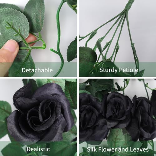 RECUTMS Artificial Black Rose Hanging Flowers Plants, 2PCS 37 Inches Fake Floral Halloween Garlands for Home Front Porch Garden Wedding Backdrop Wall Hanging Victorian Indoor Outdoor Party Decor - color: Black, size: 2 pcs
