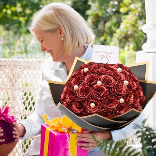 Waipfaru Red Glitter Roses Bouquet, DIY Fake Flowers Bouquet, Everlasting Shiny Artificial Rose Bouquet for Valentines, Anniversary, Engagement, Wedding, 24 Roses - color: Red, size: 24pcs