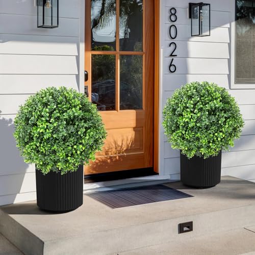 Artificial Boxwood Topiary Ball Tree 24" with Ground Spike, Set of 2 Artificial Boxwood Bushes for Faux Shrubs, Fake Evergreen Faux Plant for Indoor Outdoor Porch Garden- UV Resistant – Fade-Proof - color: Boxwood