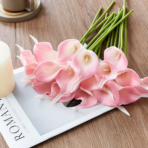 Artificial Calla Lily 12Pcs Pink Real Touch Faux Flowers for Wedding Bouquet, Bride Bridal Shower, Spring Home Kitchen Table Decor, Fake Lilies for Centerpieces, Party Decorations - color: Pink