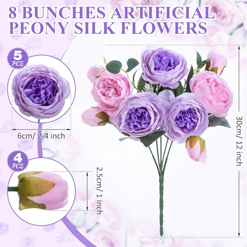 Yunsailing 8 Pack Artificial Peony Flowers Faux Silk Hydrangea Bouquet Wedding Home Table Decor Reusable Bouquet of Rose Flower for Birthday Wedding(Pink Purple) - color: Pink Purple, style: Peony