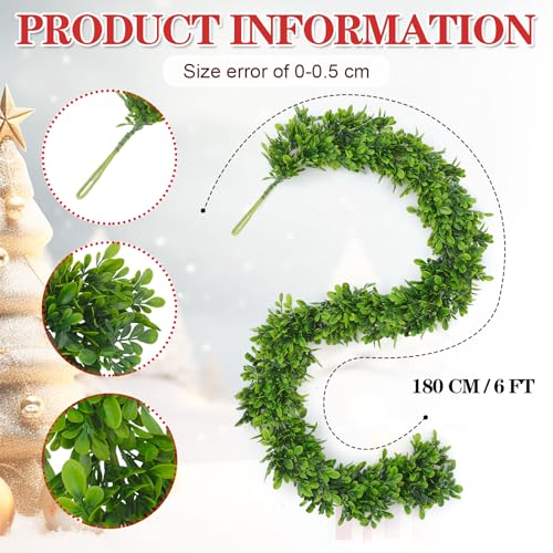 Dingion 6 ft Artificial Boxwood Garland Spring Faux Greenery Garland Preserved Green Leaves Fake Vines Hanging Plant Realistic Green Decor for UV Outdoor Indoor Wedding Backdrop Arch Wall Table