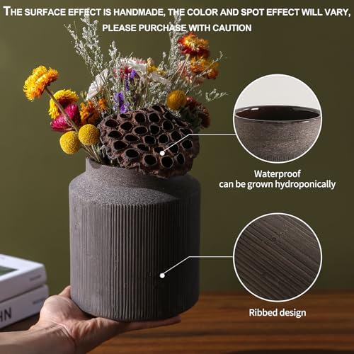Farmhouse Vase for Home Decor, Vintage Rustic Terracotta Flower Vase Suitable for Home Decor, Living Room, Shelf, Dining Table. 7IN. - color: Brown and Black, size: 6.1 x 7 inches