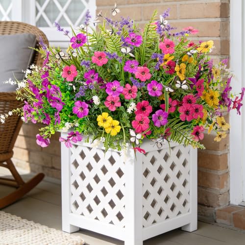 Artificial Fake Flowers for Outdoor Porch Planters Boxes Decoration,12 Bundles Outdoor Faux Fern Plants with Butterfly,UV Resistant Greenery Yard Patio Garden Decor - color: Muticolor