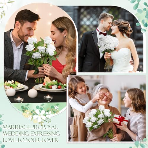 Hotop 20 Pcs Artificial Rose Flowers with Long Stem,Real Lifelike Silk Realistic Plastic Bouquet Roses Bulk for Home Decor Bridal Wedding Party Table Centerpieces Decorations(Pure White) - color: Pure White