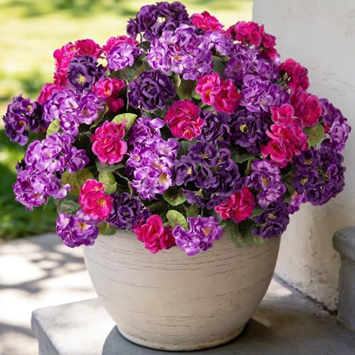 Ammyoo Artificial Geranium Flowers for Outdoors Decoration, 6 Pcs Fake Silk Geraniums Flower UV Resistant Look Real Faux Plants for Spring Garden Porch Planter Yard Table Centerpieces Decor - color: A-purple Deep Purple Purple-red